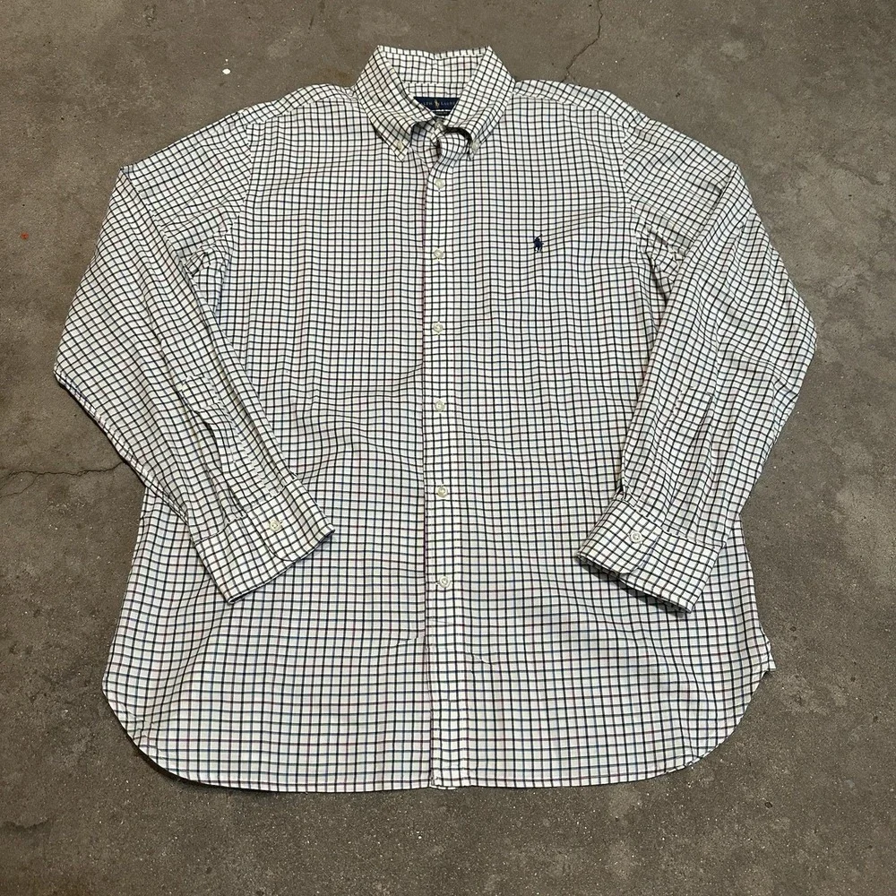 Ralph Lauren Shirt Mens L Cream Plaid Classic Gingham Oxford Check Preppy Casual